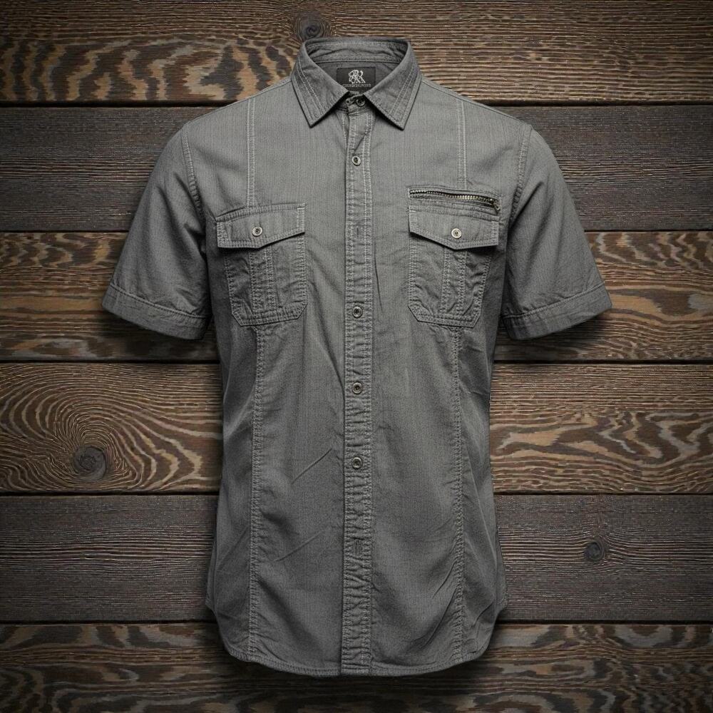 Rock & Republic Men’s Short Sleeve Button Up Shirt Gray Utility Zipper Pocket